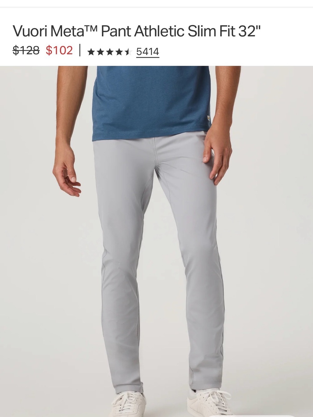 Vuori Meta™ Pant Athletic Slim Fit 36” Waist, 32" Inseam, Color Light Gray